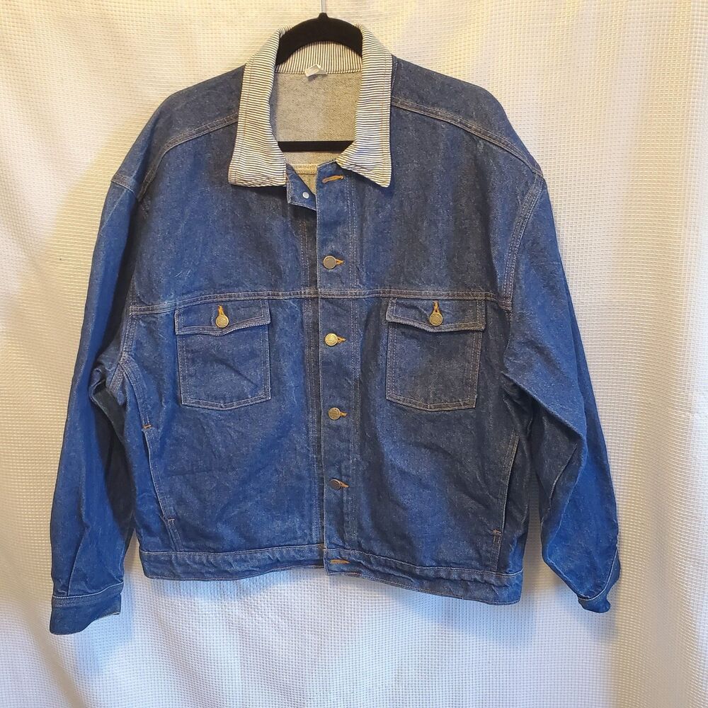 Vtg Rare Prison Blues Denim Trucker Jacket Hickory Collar Sz Large Inmate 80s